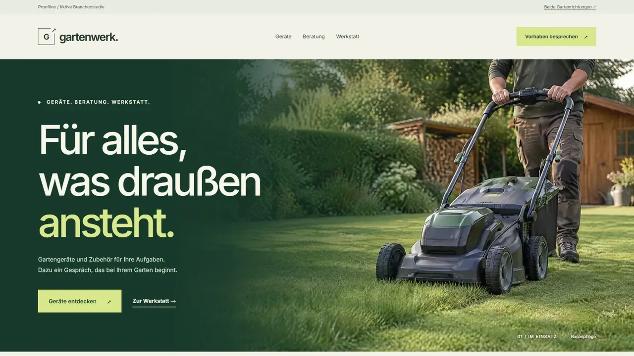 Startansicht von Gartenwerk: Überschrift „Für alles, was draußen ansteht.“ neben einem Rasenmäher.