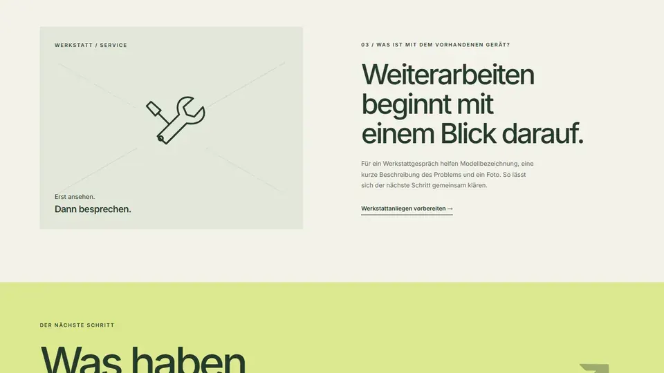 Abschnitt Werkstatt und Service mit Werkzeugzeichnung.