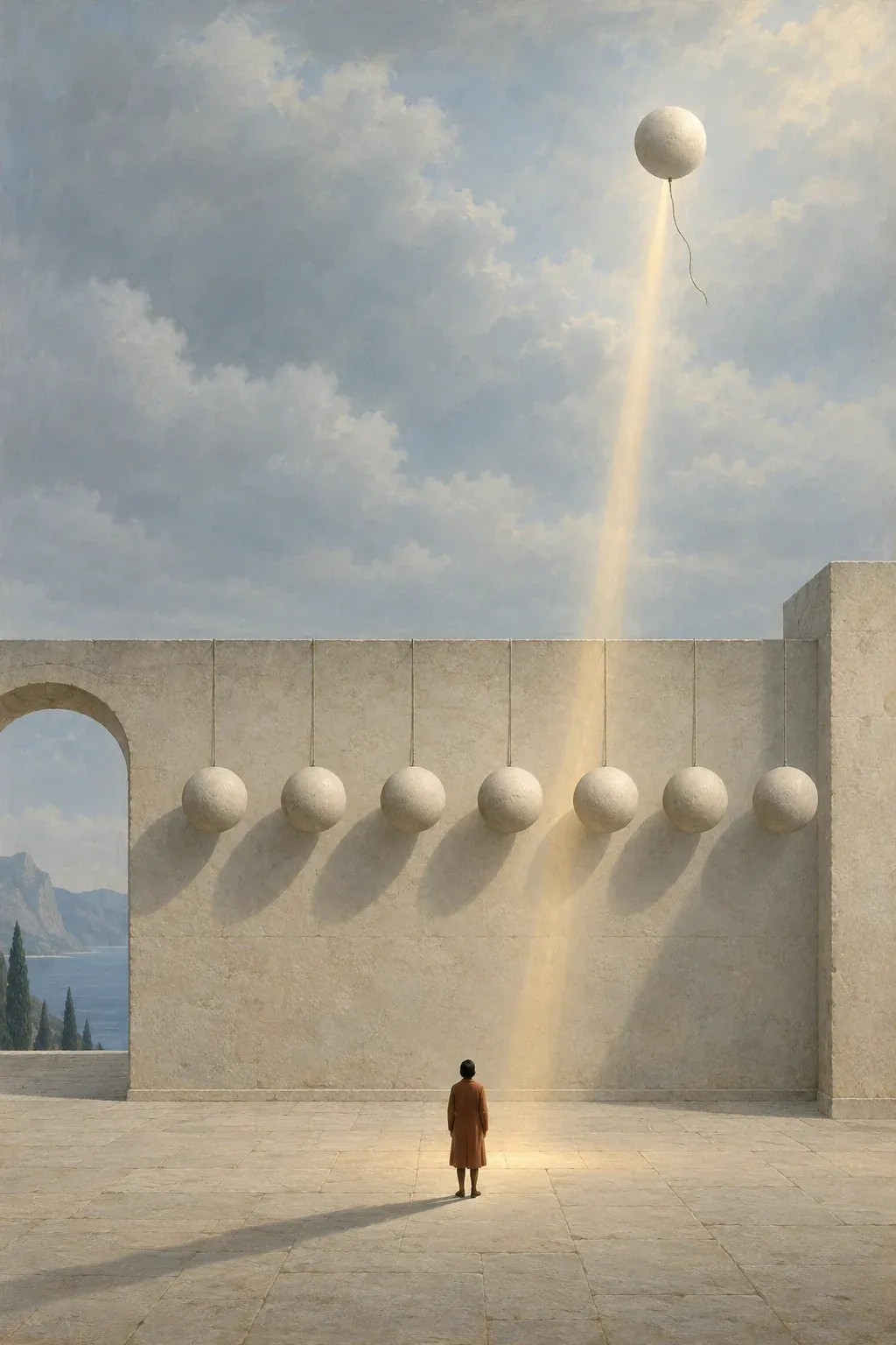 Eine Reihe gleicher heller Kugeln an einer Kalksteinwand; eine weitere Kugel ist hoch in den Himmel gestiegen und wirft einen Lichtstrahl.