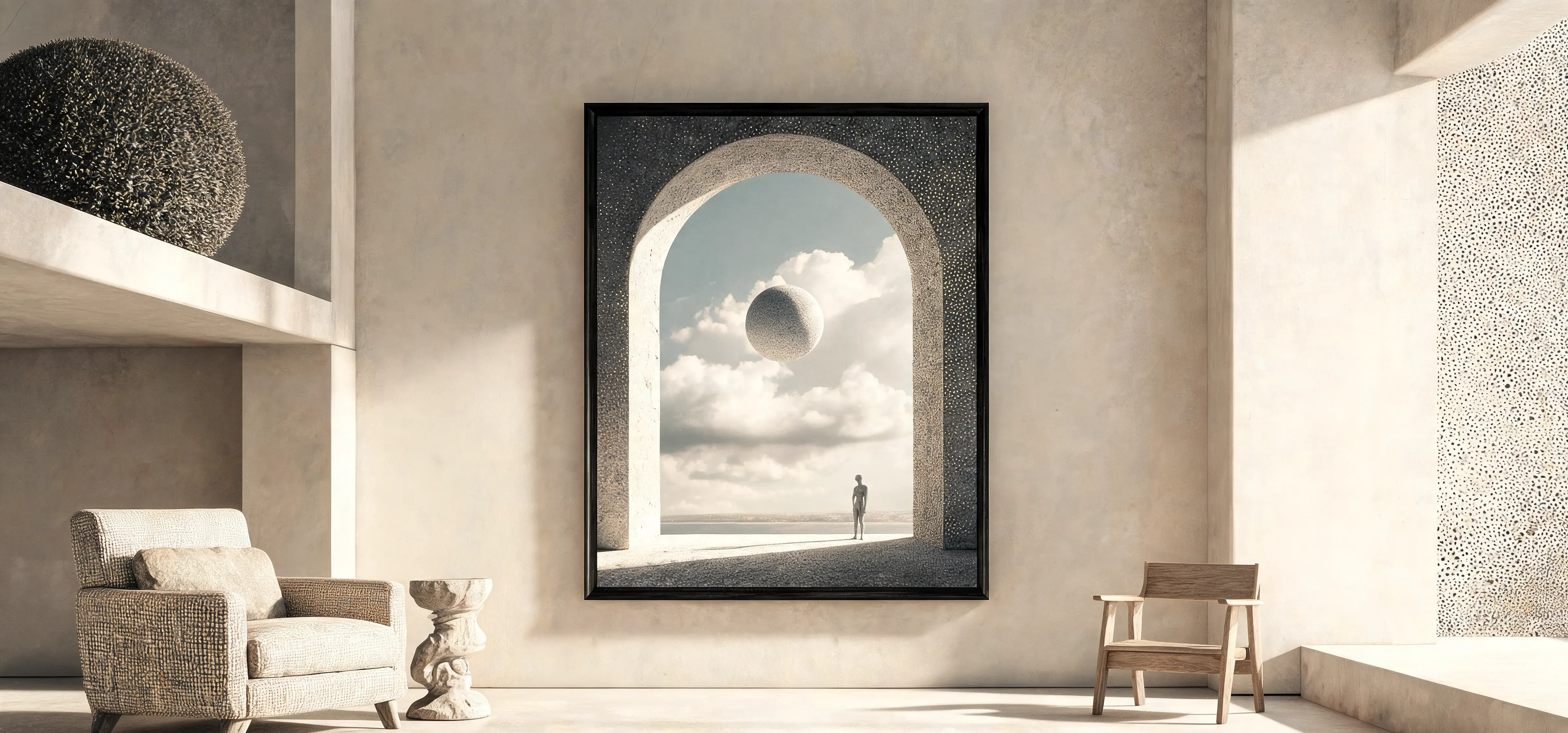 Ein hohes Steinbogen-Gemälde hängt an einer hellen Putzwand; im Bogen schwebt eine Steinkugel in einem Wolkenhimmel über einer einsamen Figur.