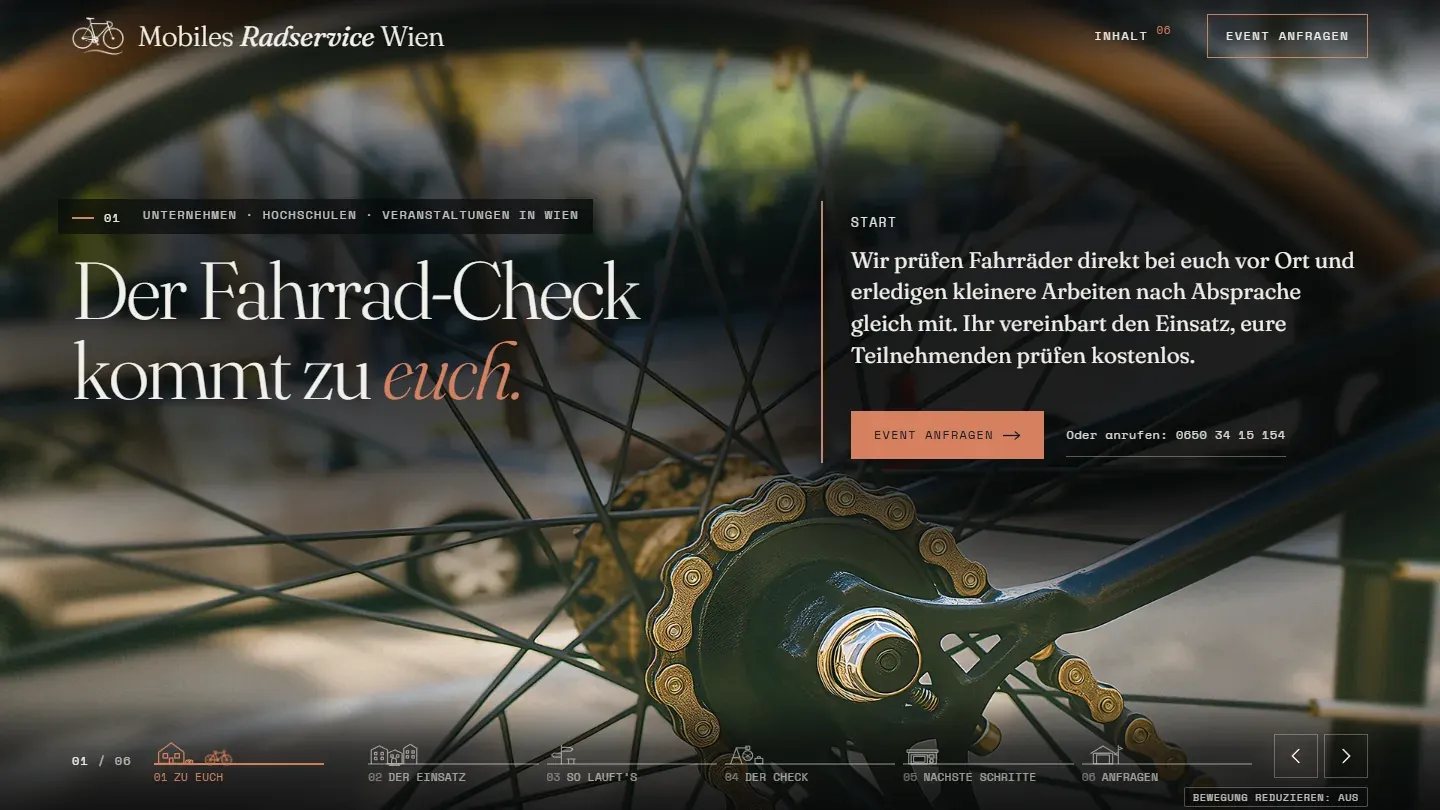 Startszene am Desktop: Überschrift „Der Fahrrad-Check kommt zu euch.“ über einem Fahrradhinterrad.